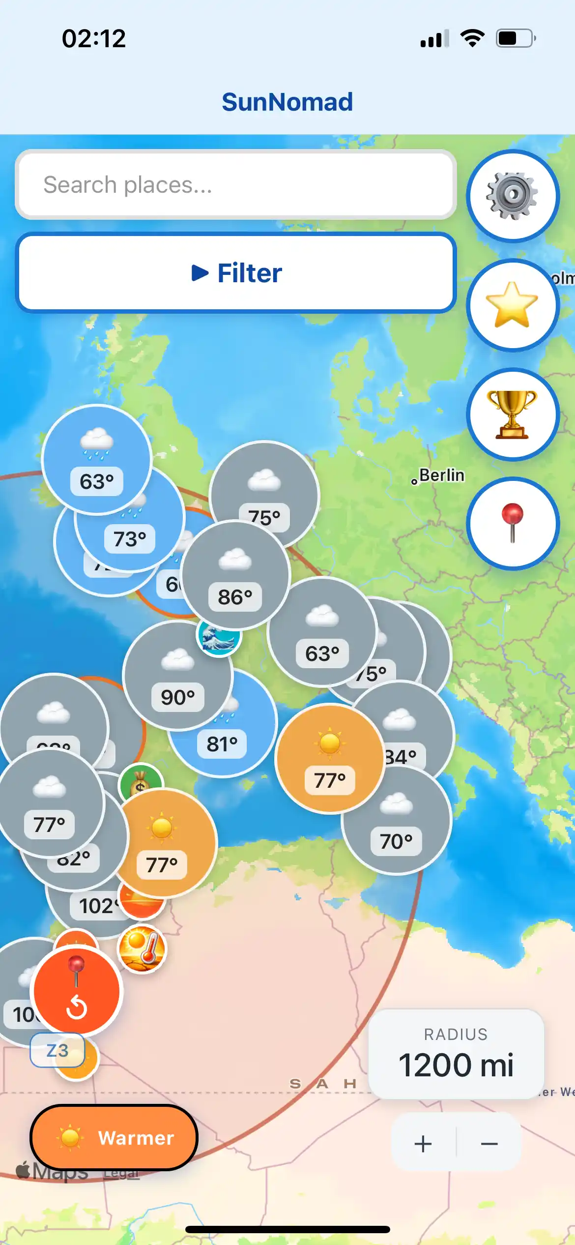 SunNomad weather map over Europe